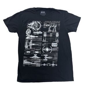 Star Wars Mens Medium Graphic T-Shirt Black Cotton Ships Blueprint SciFi Tee
